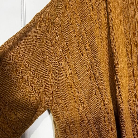 J. Jill Open Front Cardigan Long Line Cable Knit Mustard Brown Size LP Fishermen - Picture 5 of 10